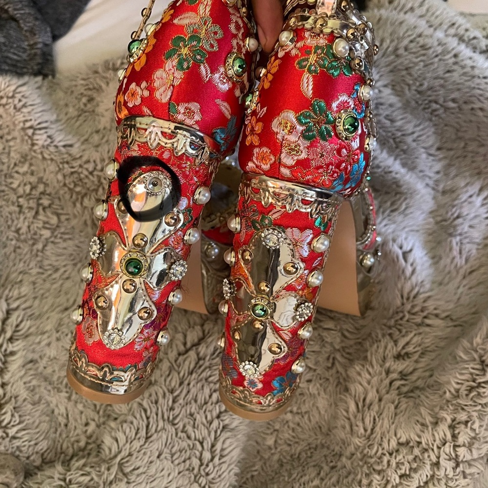 New Azalea Wang Party Peep Platform Heels Embellished Satin Victorian Ankle 6 - Picture 11 of 12